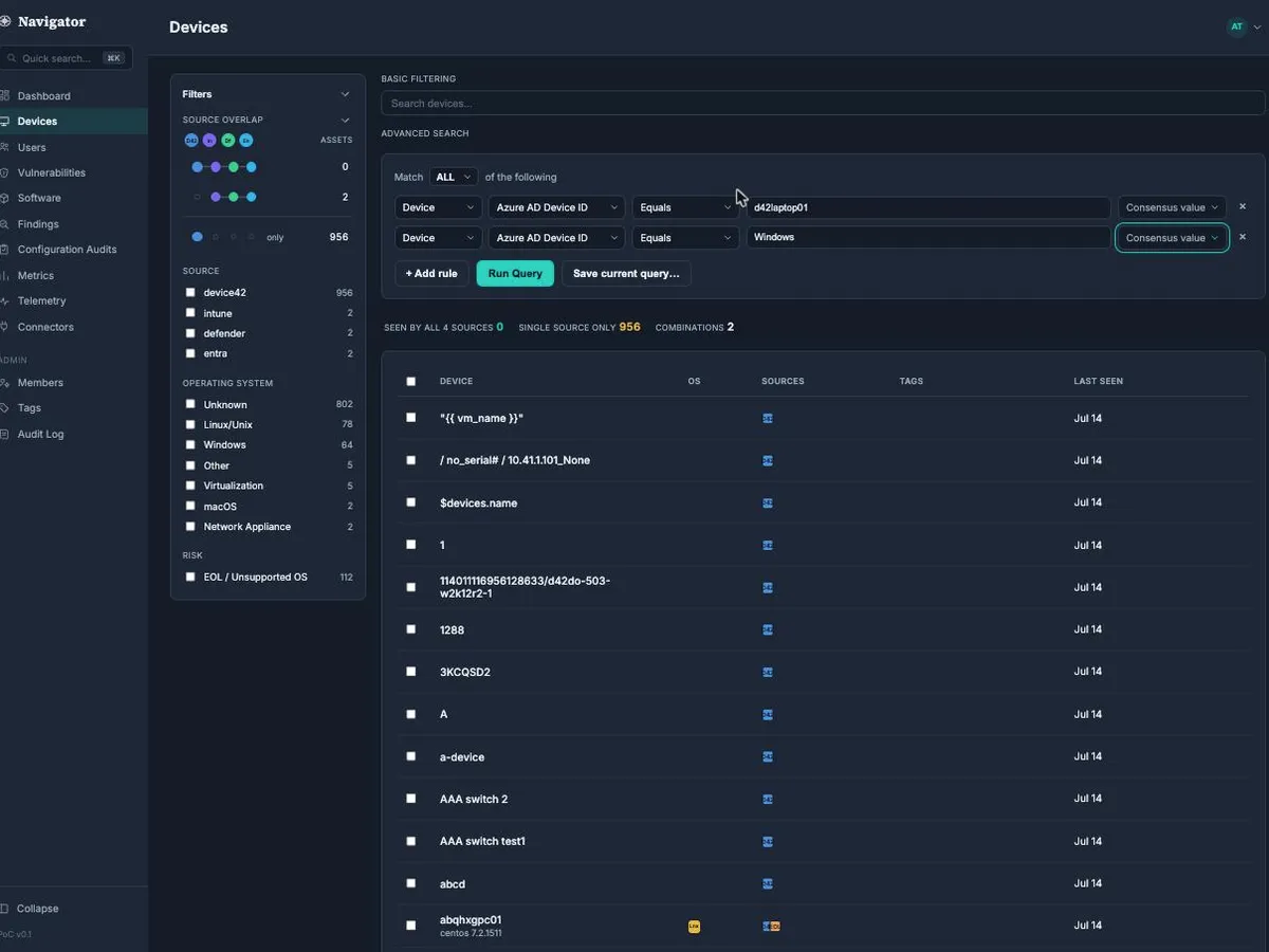 Navigator Advanced Search rule builder for querying devices, users, vulnerabilities, and software