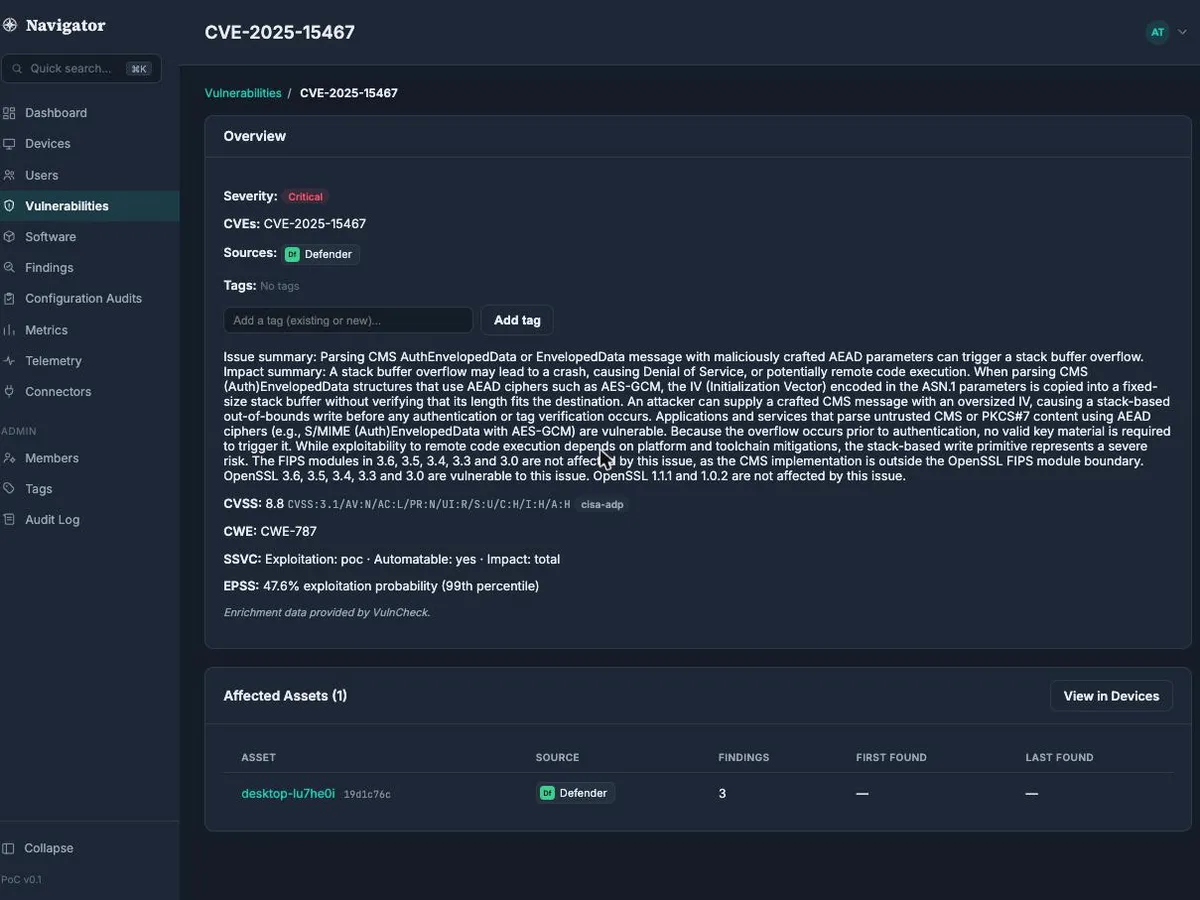 Navigator Vulnerabilities list with one row per vulnerability, affected device counts, and CVSS, EPSS, and known-exploited data
